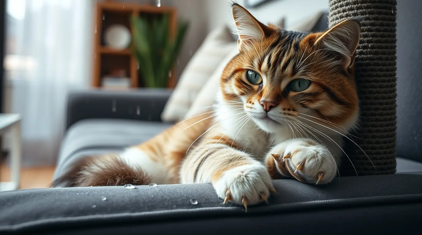 A cat using a scratching post as a humane alternative to declawing a cat, with a pet owner encouraging positive scratching habits in a cozy home.