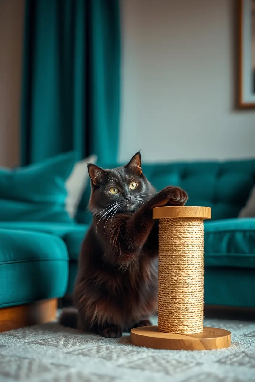 A responsible pet owner training their cat to use a scratching post as one of the best alternatives to declawing a cat in a pet-friendly home.