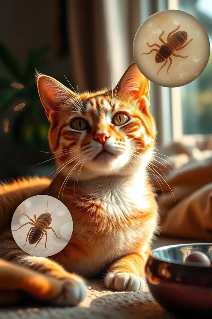A content indoor cat resting by a bright window, representing responsible pet care, with subtle signs of hidden parasite threats like fleas, contaminated food, and human contact—exploring the question, how do indoor cats get worms?