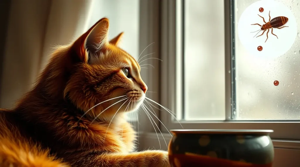 A well-groomed indoor cat lounging by a sunny window, representing responsible pet ownership, with subtle hints of hidden parasite risks like fleas, contaminated food, and human contact—addressing the concern, how do indoor cats get worms?