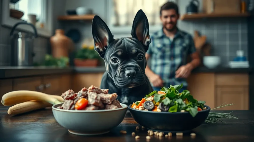 A Cane Corso puppy eagerly waits beside a bowl of nutritious homemade dog food in a bright, cozy kitchen, while a dedicated owner prepares fresh ingredients in the background.