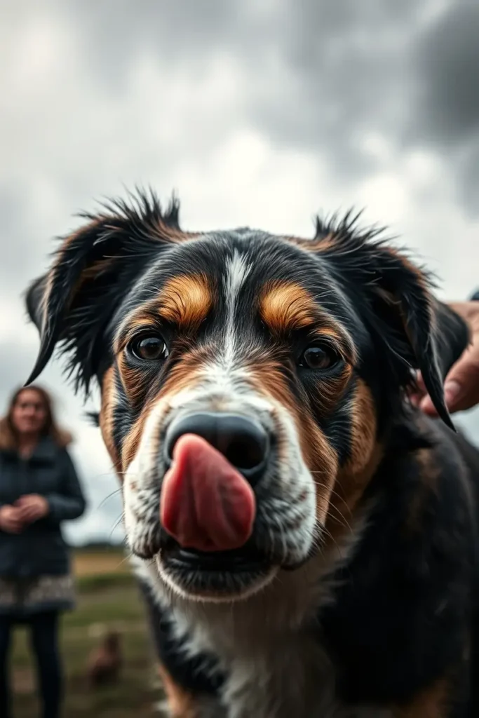 A close-up of a dog showing signs of stress during training, with widened eyes and a tense expression, while a trainer in the background uses a calm and reassuring approach.