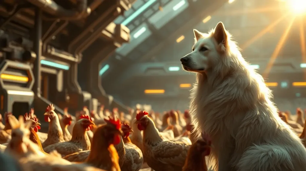 A well-trained livestock guardian dog attentively watches over a flock of chickens in a farmyard, demonstrating how can dog be trained to protect chickens from predators.