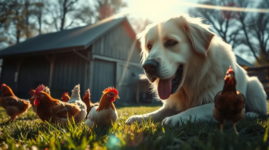 A well-trained guardian dog watches over a flock of free-ranging chickens on a farm, ensuring their safety while fostering a sense of trust and harmony.