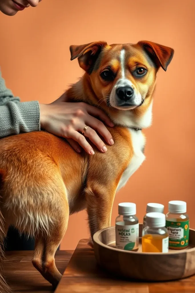 A loving pet owner carefully inspects their dog's tail at home, using natural remedies as part of home remedies for dog biting tail.
