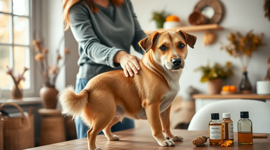 A devoted pet owner carefully checks their dog's tail at home, applying natural solutions as part of effective home remedies for dog biting tail.