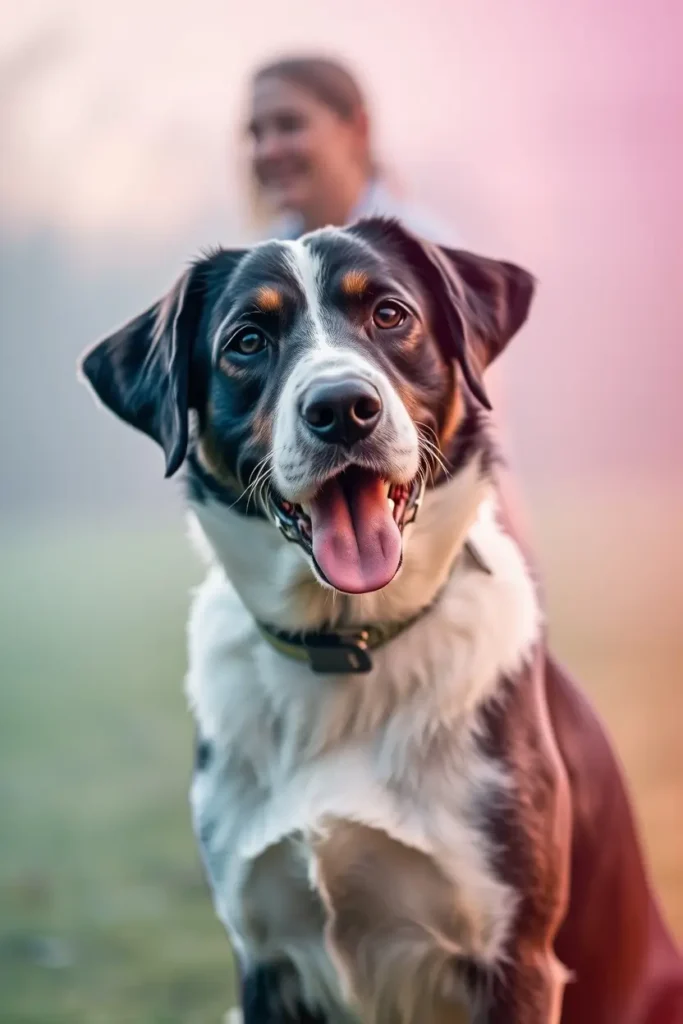 A focused dog responds calmly to an e collar or remote collar for pain-free dog training, while a responsible owner in the background gently uses the device to encourage positive behavior.