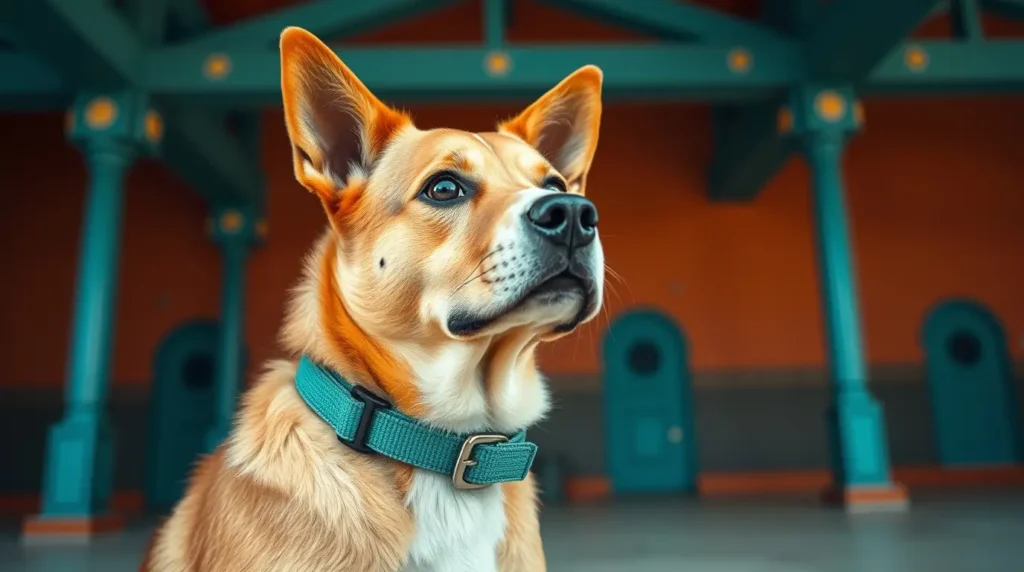  A well-trained dog calmly responds to a remote collar during a positive training session, with a responsible owner using the device gently in the background, demonstrating pain-free dog training.
