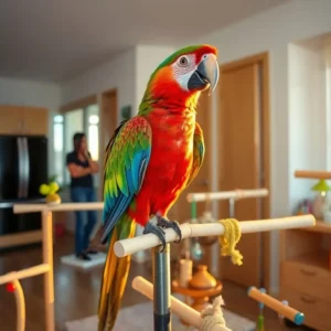 A well-cared-for Green Wing Macaw perched on an indoor play stand, surrounded by engaging toys and a spacious cage, illustrating "what do Green Wing Macaws need in pet care.
