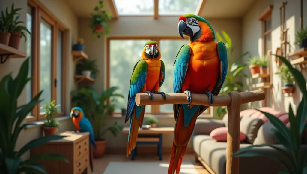 A vibrant Green Wing Macaw perched on a play stand, interacting with its owner in a well-equipped space, illustrating what do Green Wing Macaws need in pet care for a thriving life.