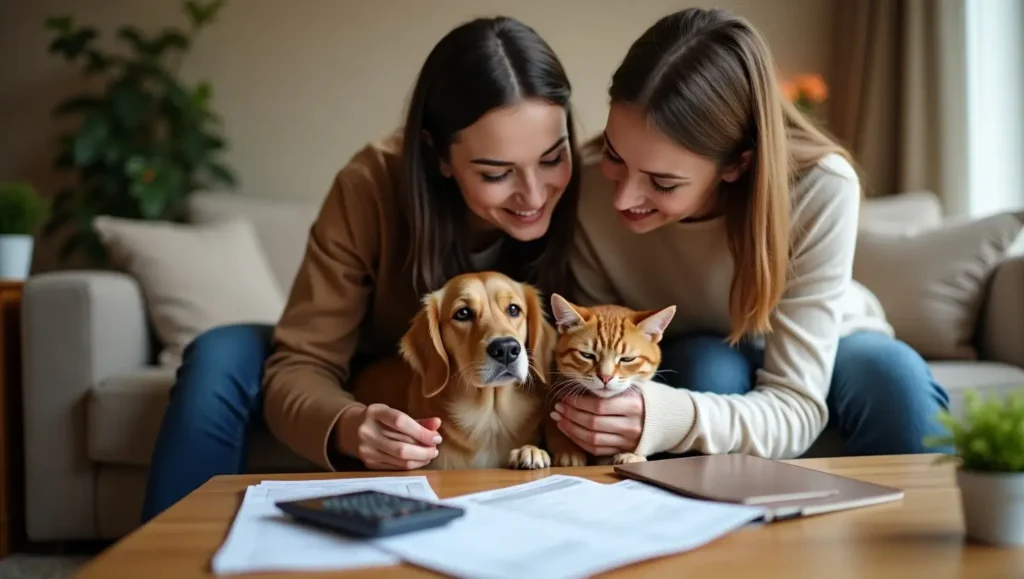 A responsible pet owner calculating expenses with a pet beside them, illustrating the importance of budgeting for paws pet care average cost per month to ensure quality care.