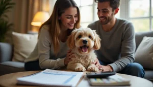 A pet owner reviewing a budget with their pet nearby, emphasizing the importance of planning for paws pet care average cost per month to ensure proper care and well-being.