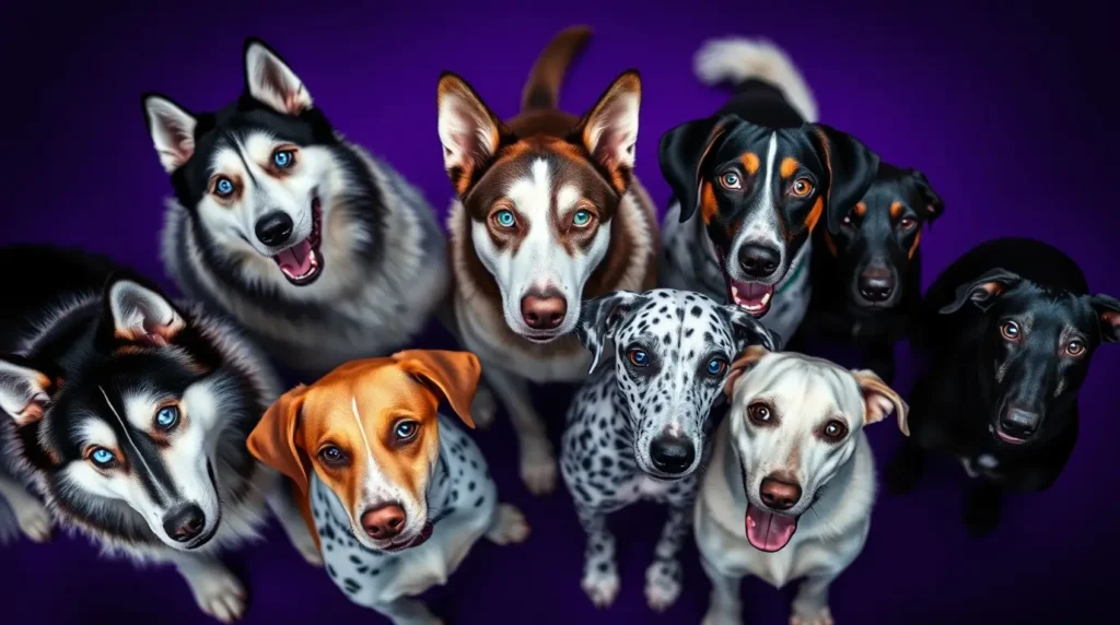 A group of seven breathtaking dog breeds with blue eyes, including Siberian Huskies, Australian Shepherds, and Dalmatians, showcasing their striking gaze in a natural, well-lit setting.