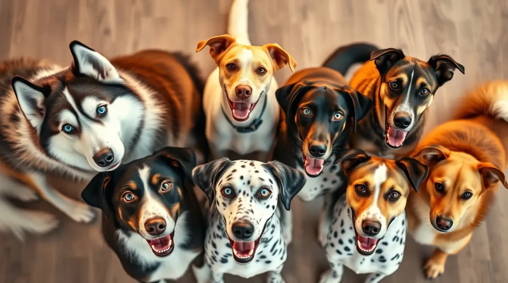 A captivating group of seven dog breeds with blue eyes, including Siberian Huskies and Australian Shepherds, highlighting what dog breeds have blue eyes in a natural and loving setting.