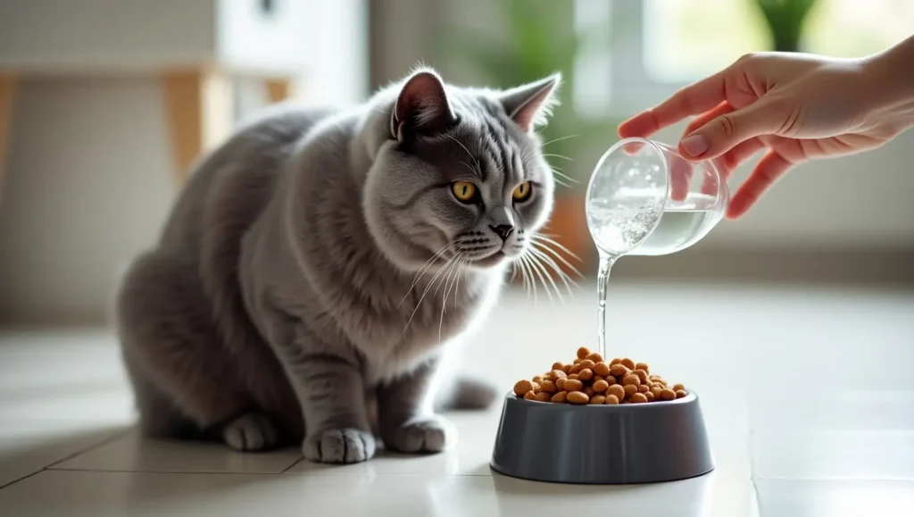 A well-groomed British Shorthair cat sitting near a food bowl, highlighting appropriate feeding for British Shorthair cats in a responsible pet care setting.