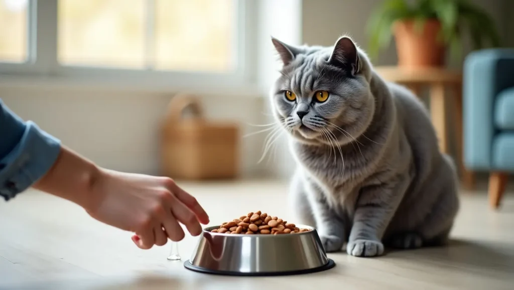 A British Shorthair cat enjoying a nutritious meal, showcasing appropriate feeding for British Shorthair cats to support their health and well-being.