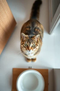 A British Shorthair cat sitting near a food bowl, illustrating appropriate feeding for British Shorthair cats with a balanced diet and proper portion control.