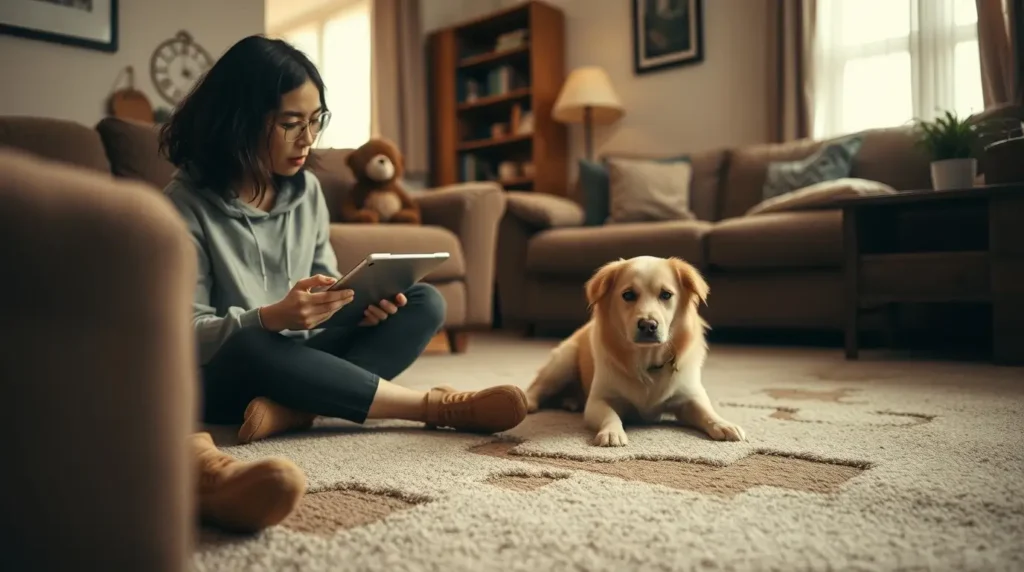 A concerned pet owner reviews their renters insurance policy on a tablet while sitting in a cozy apartment with visible pet-related carpet damage, wondering, "Does renters insurance cover pet damage to carpet?" A playful yet guilty-looking dog sits nearby.