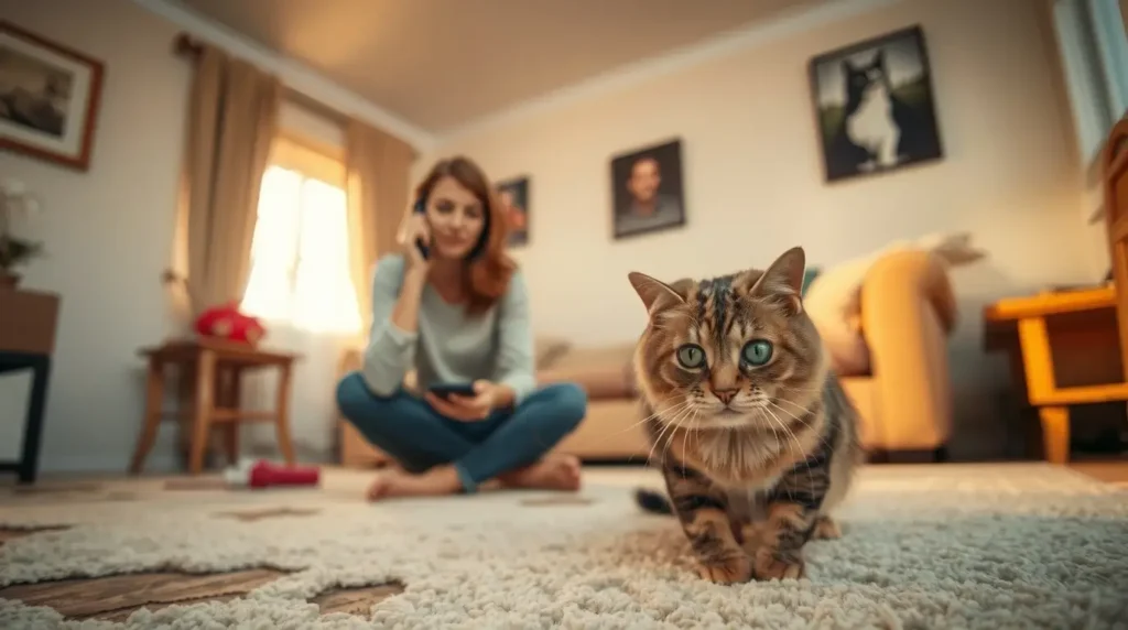 A pet owner looks at their renters insurance policy on a tablet while sitting in a rental apartment with visible carpet damage caused by a pet, wondering, "Does renters insurance cover pet damage to carpet?" A playful but guilty-looking dog sits nearby.