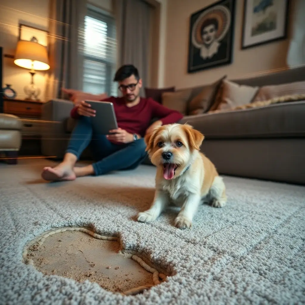A worried renter examines their insurance policy on a tablet while looking at pet-related carpet damage in their apartment, questioning, "Does renters insurance cover pet damage to carpet?" A playful but guilty-looking dog sits nearby.