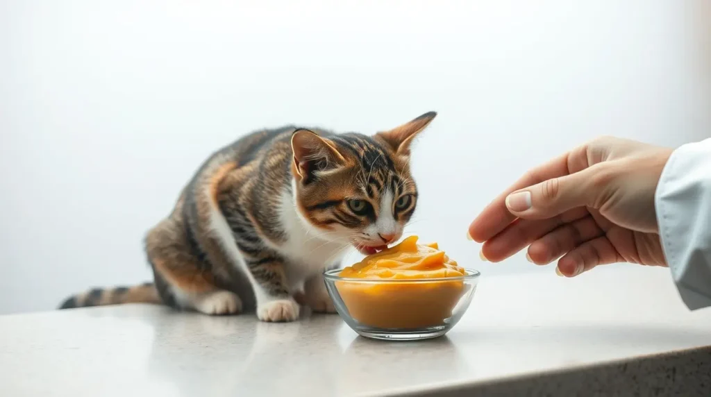 A curious cat sniffs a small bowl of applesauce on a kitchen counter while a veterinarian’s hand reaches toward it, assessing its safety. Can I feed my cat applesauce? Responsible pet ownership and expert evaluation are highlighted in this scene.