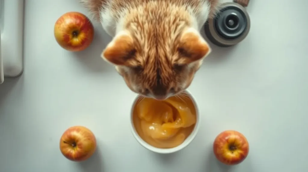 A curious cat sniffs a small bowl of applesauce on a kitchen counter while a veterinarian’s hand assesses its safety. Can I feed my cat applesauce, or are there hidden risks?