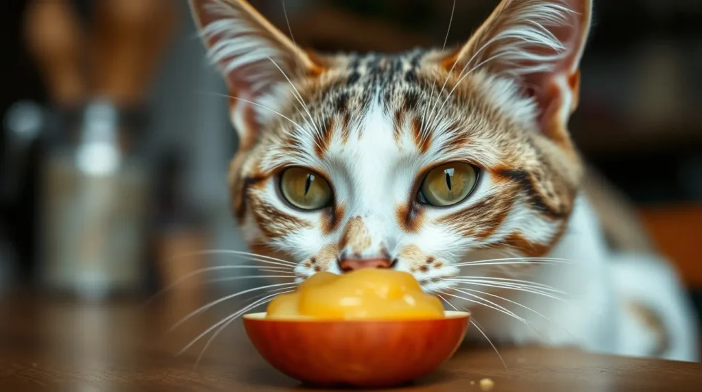 A curious cat sniffs a small bowl of applesauce on a kitchen counter while a veterinarian’s hand examines it. Can I feed my cat applesauce safely, or does it pose health risks?