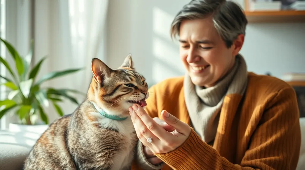 A domestic cat gently licking its owner’s hand, showcasing feline affection and bonding. "Why do cats lick you?" explained through natural grooming behavior.
