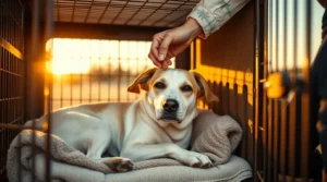 A caring pet owner gently guides their senior dog into a comfortable crate, demonstrating a stress-free approach to how to crate train an older dog.