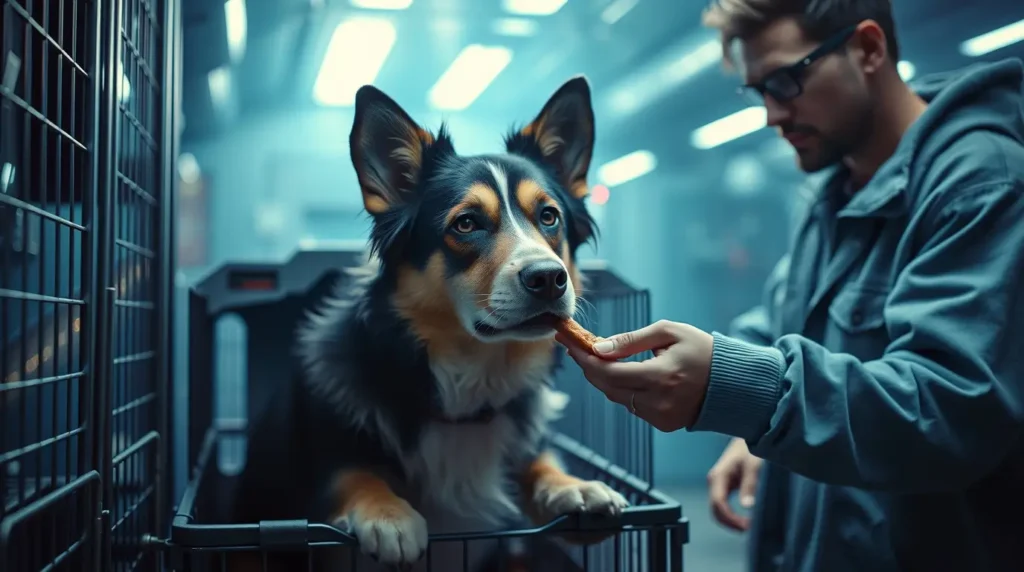 A pet owner calmly introduces their senior dog to a cozy crate, demonstrating a stress-free method on how to crate train an older dog.