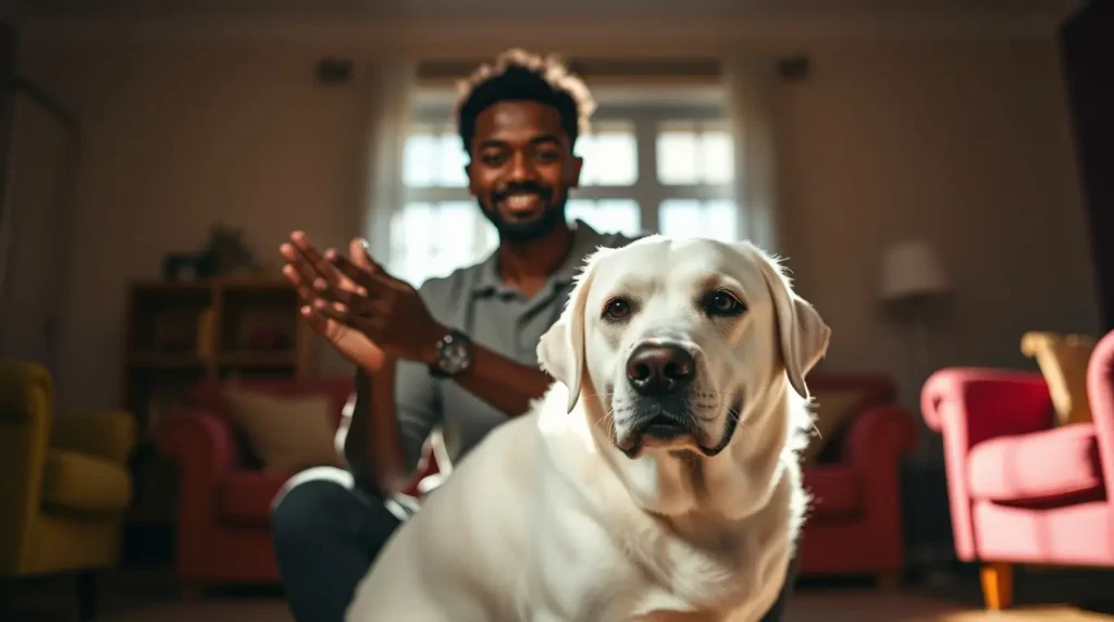 A pet owner testing their dog's hearing at home by clapping behind them, observing their reaction. This image illustrates responsible pet care and helps answer the question, "how to find out if your dog is deaf​.