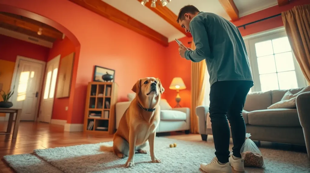 A pet owner claps behind their dog to observe its reaction, demonstrating a simple method for checking hearing loss at home. This image helps illustrate "how to find out if your dog is deaf​."