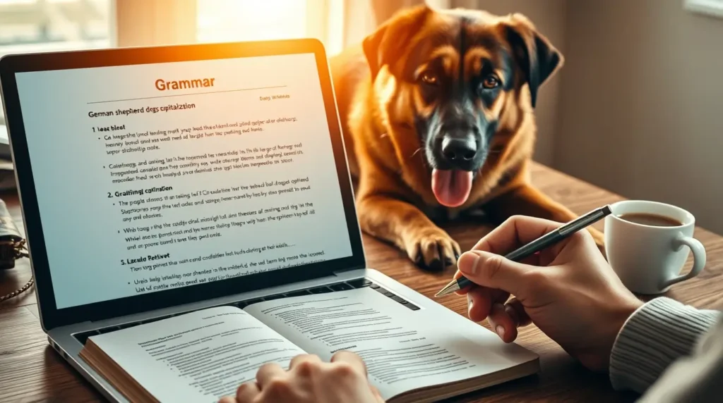 A professional workspace with a grammar style guide open on a wooden desk, a laptop displaying a document, and a German Shepherd and Labrador Retriever in the background. The image represents research on are dog breeds capitalized in writing.