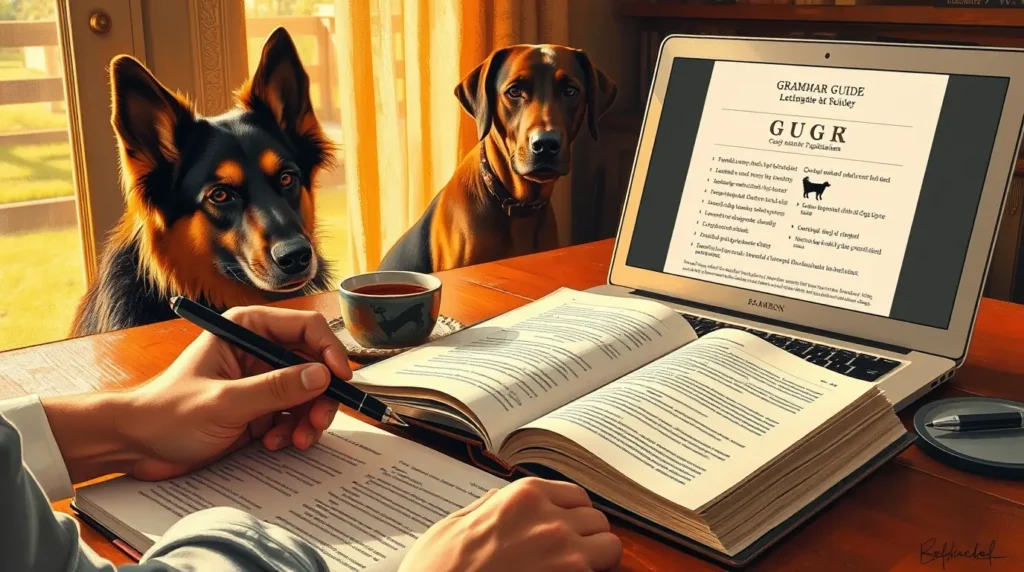 A professional desk setup with an open grammar book, a laptop displaying a document, and a German Shepherd and Labrador Retriever sitting nearby, illustrating research on are dog breeds capitalized in writing.