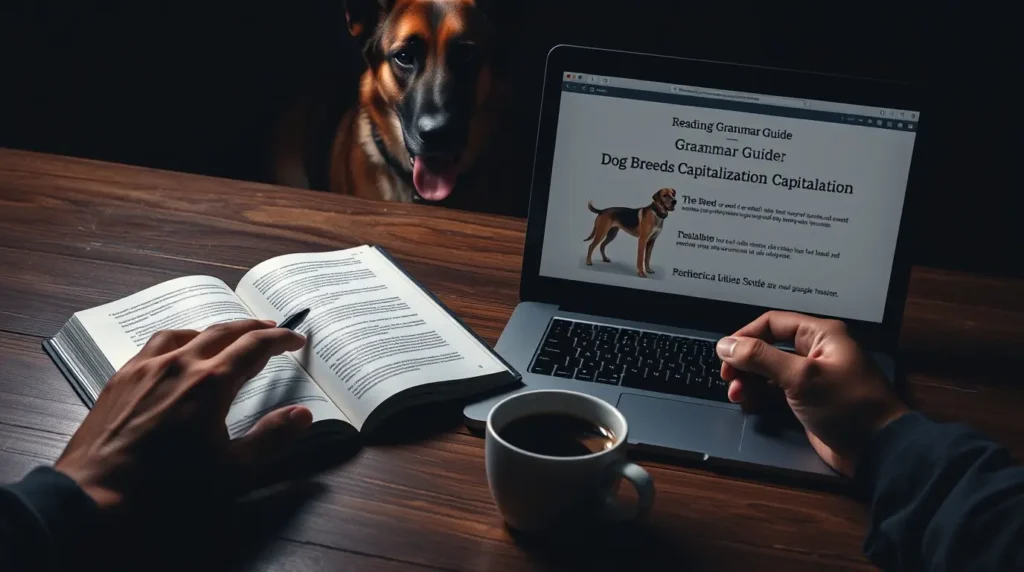 A professional workspace with an open grammar book, a laptop displaying a writing guide, and a German Shepherd and Labrador Retriever, representing expert research on are dog breeds capitalized in different style guides.