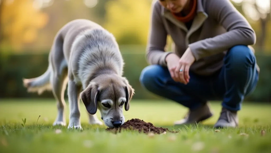 A concerned pet owner watches their senior dog eating dirt in a backyard, wondering, "Why is my senior dog eating dirt?"