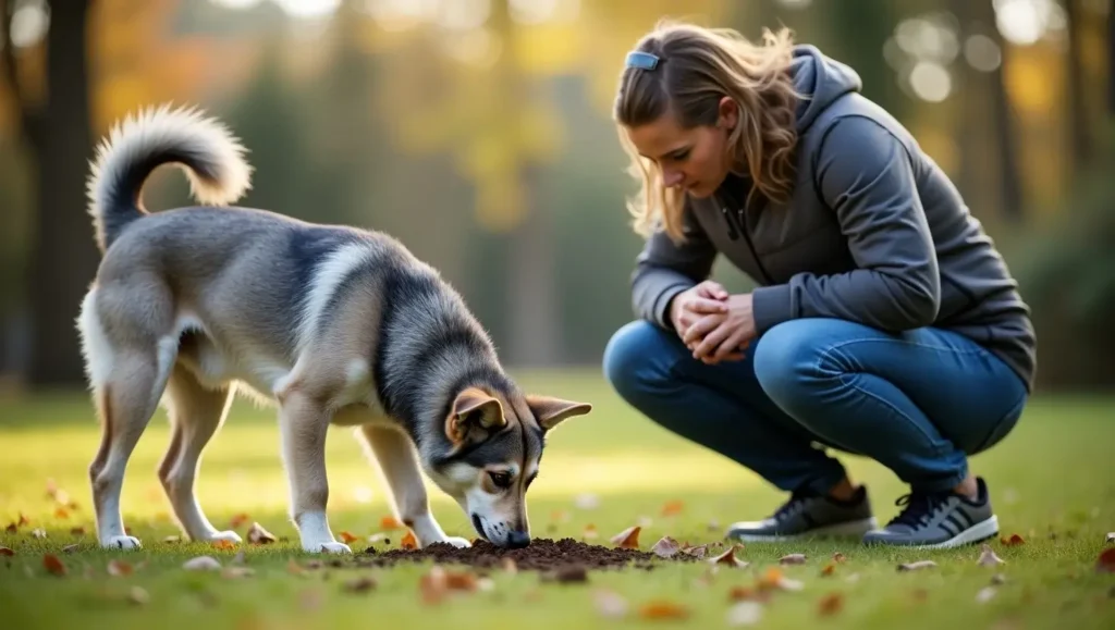 A senior dog eating dirt in the backyard while a concerned owner watches, wondering, "Why is my senior dog eating dirt?"