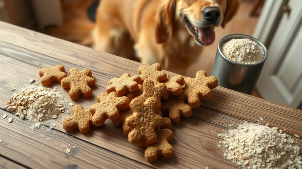 A tray of homemade oat-based dog treats with supplement powders on a wooden counter, with a happy dog nearby. A perfect way to make dog treats for supplements oat and support your pet’s health.