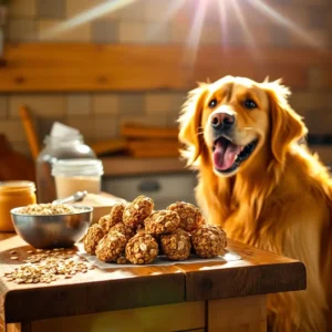 A batch of homemade oat-based dog treats on a wooden counter with supplement powders nearby, ready to nourish a happy dog. A great way to make dog treats for supplements oat and enhance your pet’s health naturally.