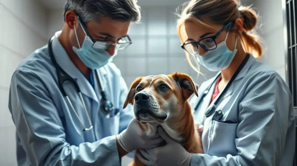 A veterinarian examining a rescue dog’s teeth while a shelter worker assists, illustrating how to tell a dog’s age at shelters and rescues through dental assessment and physical signs.