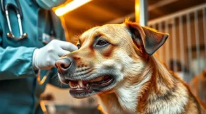 A veterinarian and a shelter worker carefully examining a rescue dog’s teeth and coat, demonstrating how to tell a dog’s age at shelters and rescues for better care and adoption decisions.