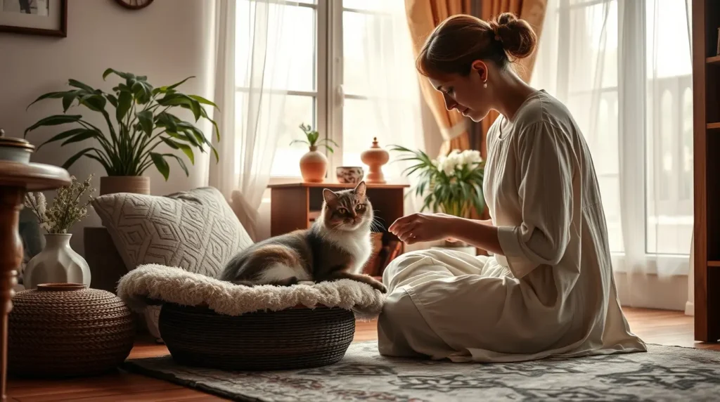 A well-prepared indoor space for moving an outdoor cat to a small room, featuring a comfy bed, scratching post, and interactive toys to ensure a stress-free transition.