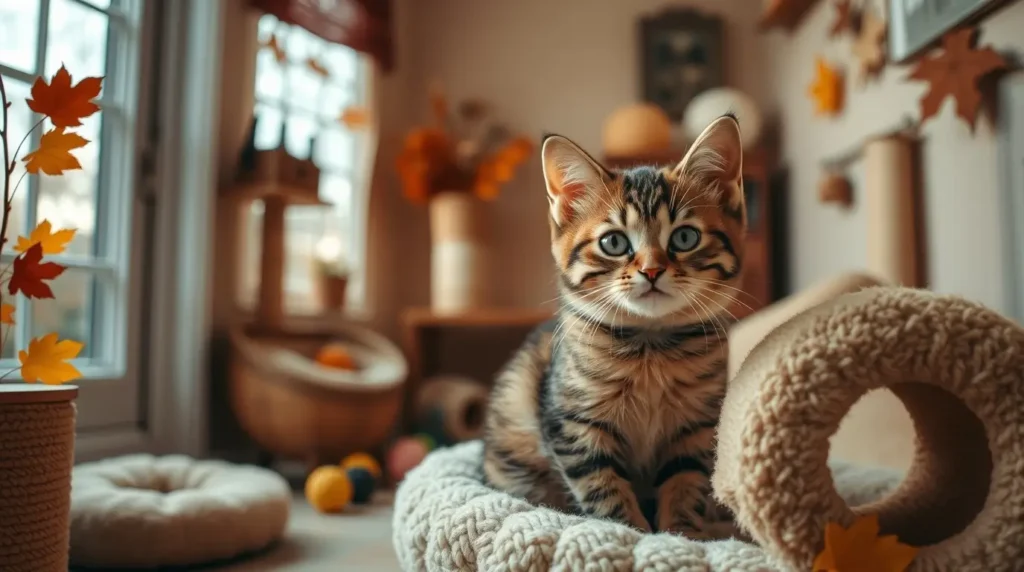 A cozy and enriching setup for moving an outdoor cat to a small room, featuring a cat bed, scratching post, and toys to help with a smooth transition.