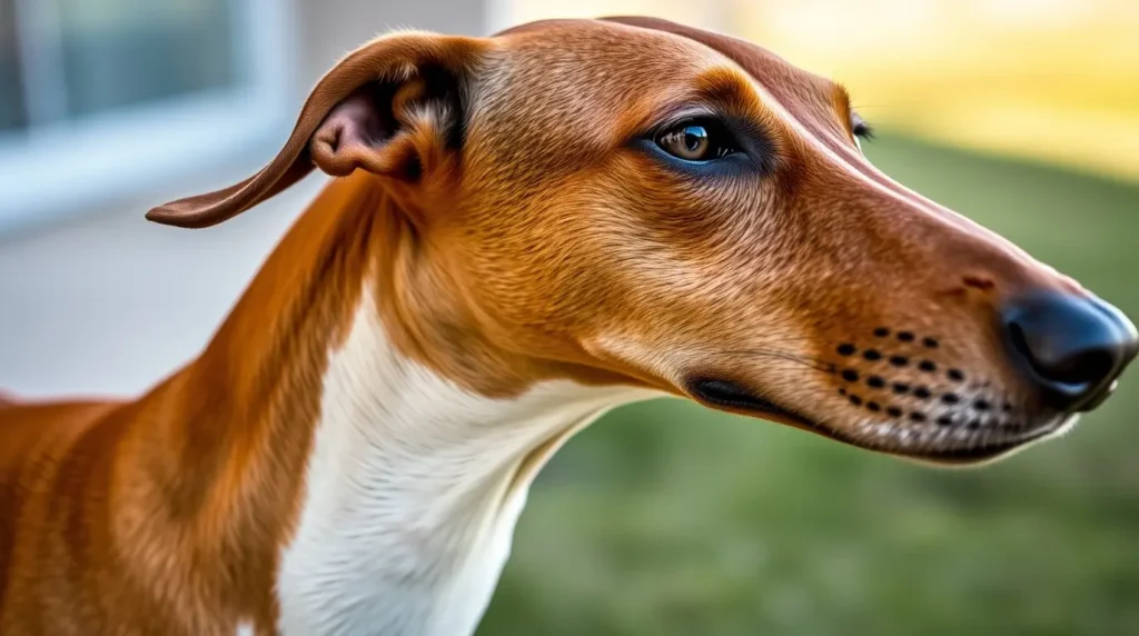 A graceful Borzoi with an elongated skull and slender snout standing in a scenic park. Learn What Are Dolichocephalic Dogs? and what makes them unique.