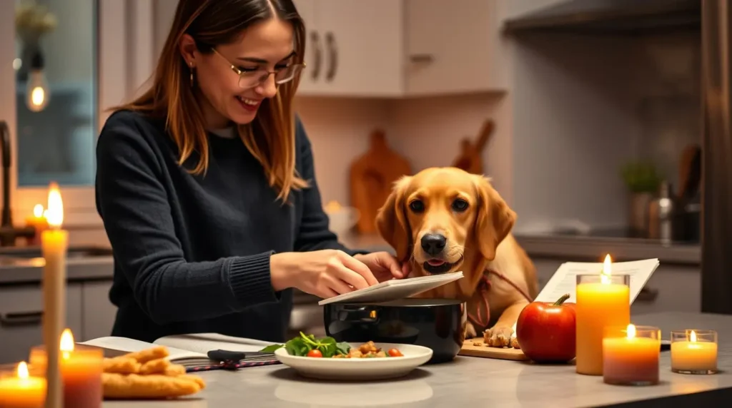 A devoted pet owner preparing homemade food for dogs with pancreatitis, using fresh, low-fat ingredients to support their pet’s health and digestion.