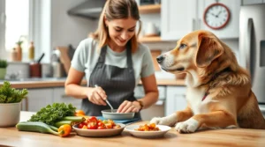 A caring pet owner prepares homemade food for dogs with pancreatitis, using fresh, low-fat ingredients to support their dog's digestive health and overall well-being.