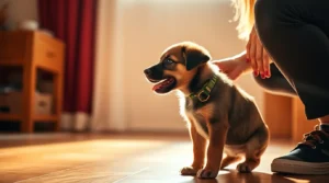 A happy puppy excitedly greeting its owner indoors, demonstrating Puppy Excited Pee, a common behavior in young dogs. The owner responds calmly, promoting gentle training and bladder control development.