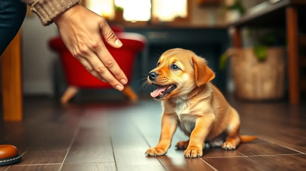 A playful puppy excitedly greeting its owner, showcasing Puppy Excited Pee, a common issue in young dogs. The owner gently interacts with the pup, encouraging calm behavior and positive training.
