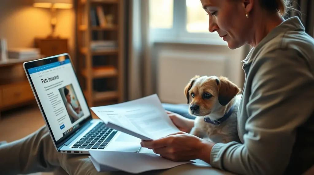 A responsible pet owner reviewing updates on pet insurance regulations on a laptop, with a happy dog sitting nearby, symbolizing financial preparedness and pet protection.
