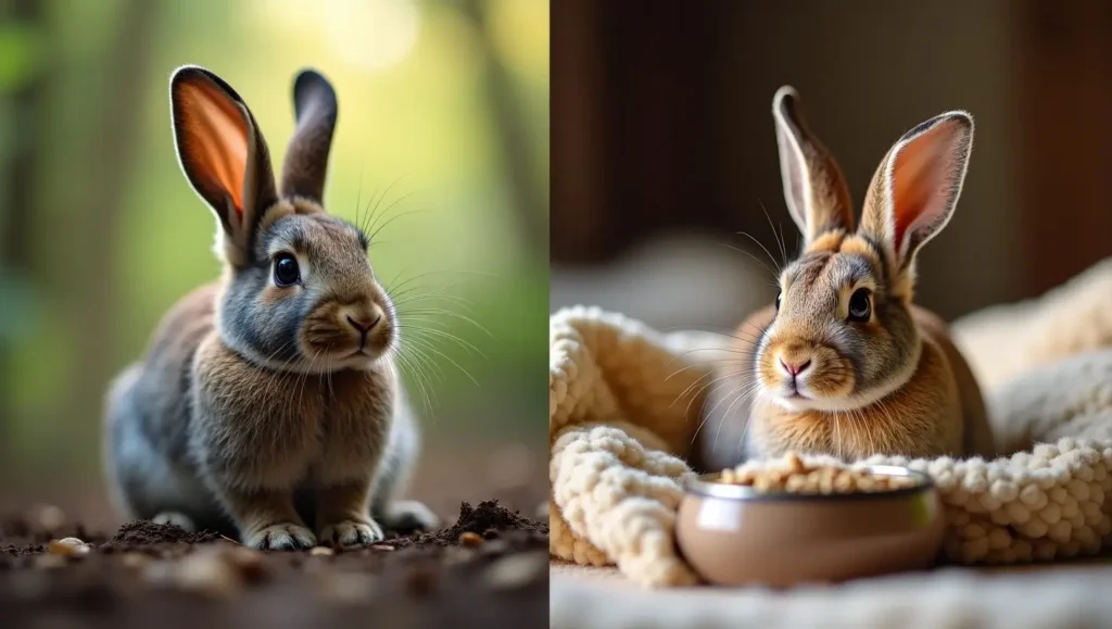 A San Juan rabbit in both a natural habitat and a domestic home, showcasing its unique ability to live in the wild or as a pet—San Juan rabbits wild or pet.